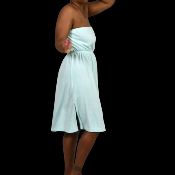 Vintage Terry Towel Dress Blue Swim Coverup Strapless Tube Slits Cotton Medium - Picture 3 of 13